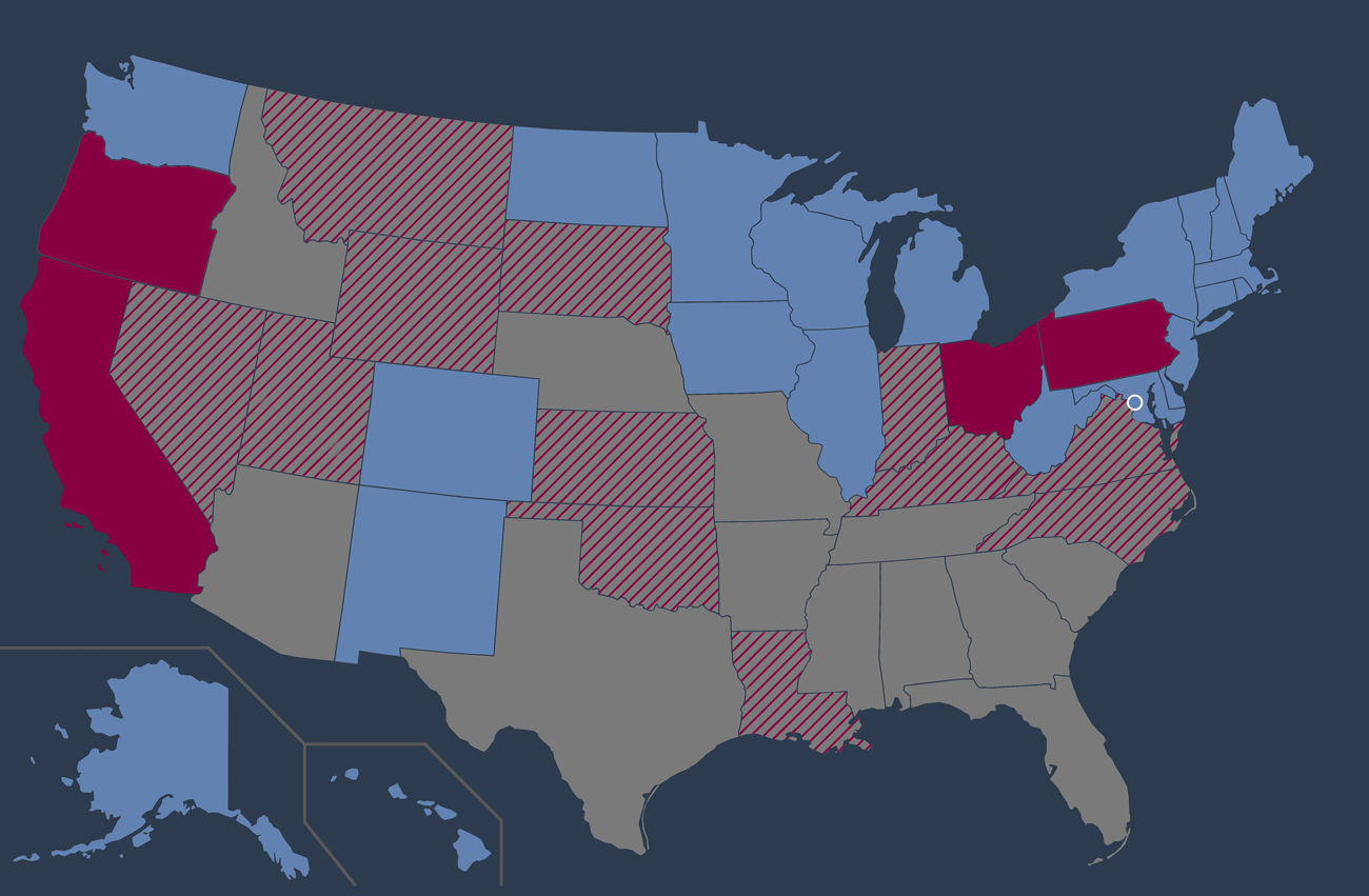 Map of US showing states that have abolished or abandoned the death penalty or instituted moratoriums.